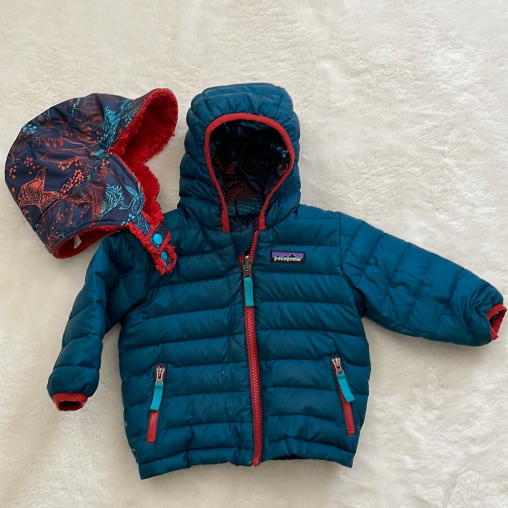 Patagonia Reversible Down Hoody with Matching Hat, 12M